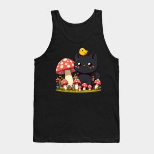 Black Cat With Yellow Bird in Mushroom Garden Tank Top